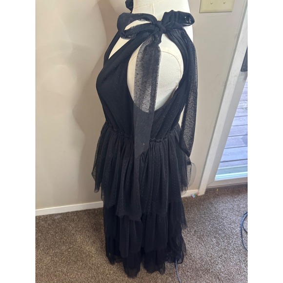Three Bird Nest BohoBlack Tulle Tiered Midi Dress Swiss Dot Tie Shoulder V-Neck - Picture 7 of 10